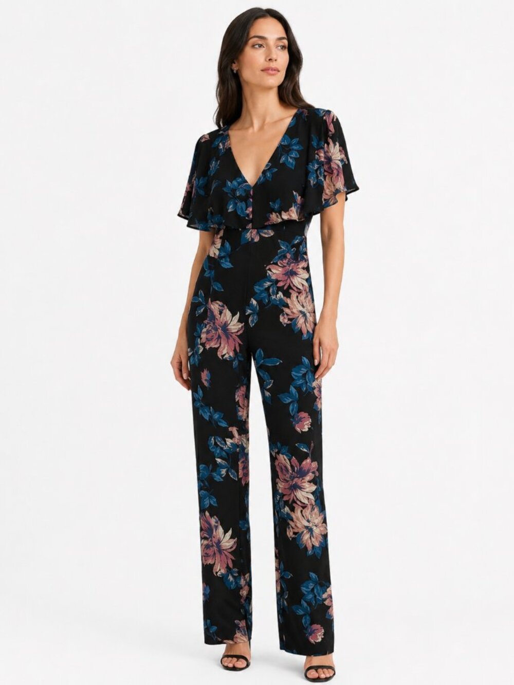June & HUDSON BLACK FLORAL WIDE LEG RUFFLE JUMPSUIT - L